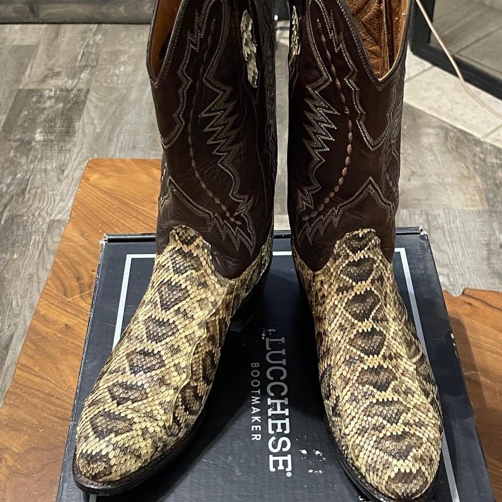 Lucchese Brown Cowboy Boots with Snakeskin Design